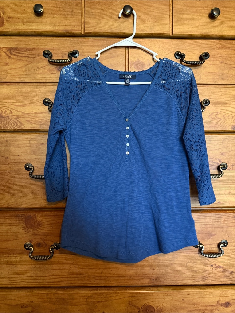 Chaps Blue Lace-Shoulder Henley 3/4 Sleeve